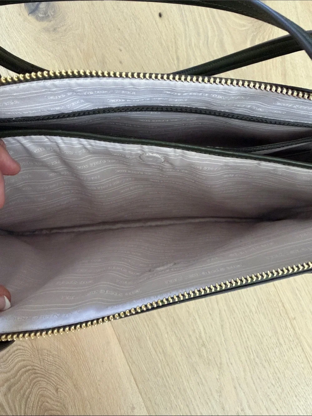 kate spade olive green Saffiano leather tote with gold logo